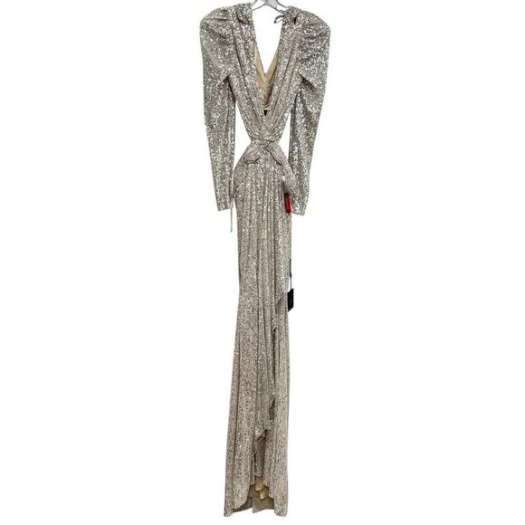 Ieena for Mac Duggal Gold Metallic Puff Sleeve Cut Out Gown - Size 6 - NWT - Picture 4 of 7